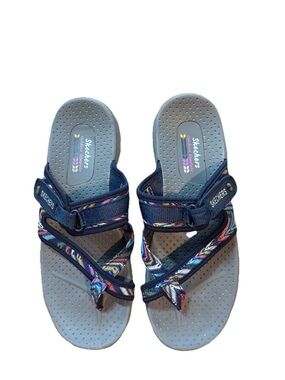 Skechers Women’s Reggae Zig Swag Navy Multicolor Strappy Slide Sandals Size 9
